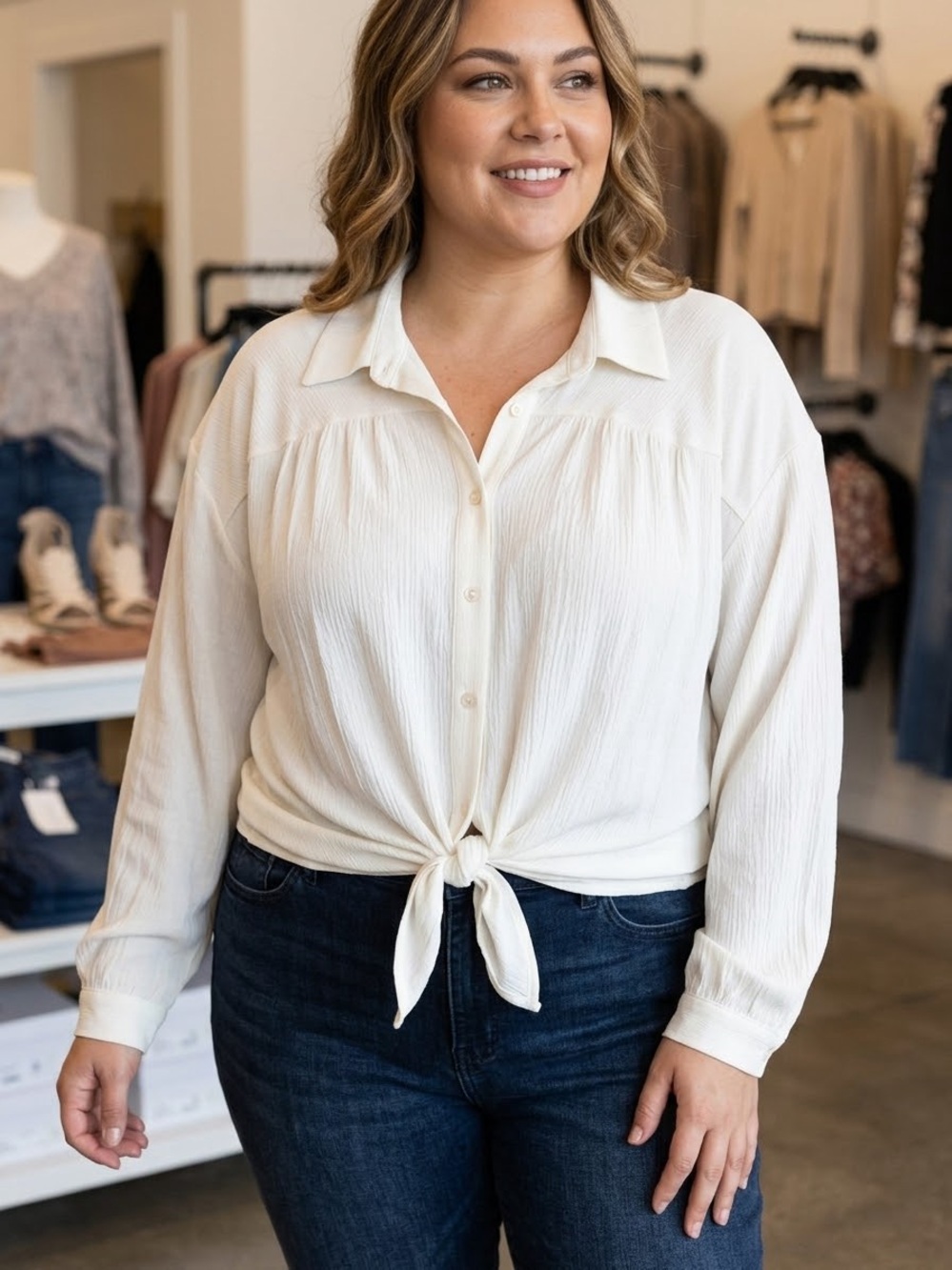 NWT Pleione Tie-Front Button Shirt - Cream Women’s Top size 3x loose fit